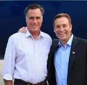 Mitt Romney (l.) and Mark Matson (r.) share a moment in front of Mitt's campaign jet.